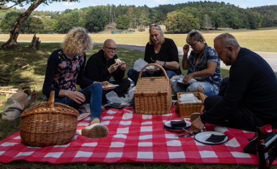 de deelnemers aan Taboe en Philippe Geubels zijn aan het picknicken in een mooie weide