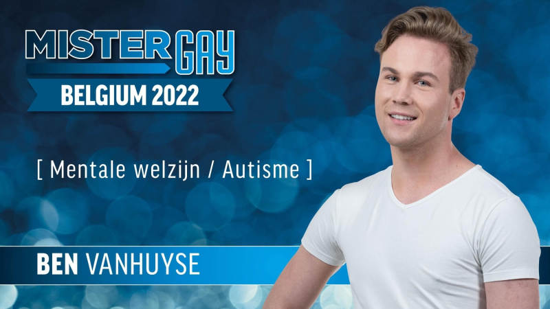 Promofoto van Ben voor Mister Gay Belgium waarop staat te stemmen voor Ben, ook zijn thema wordt vermeld