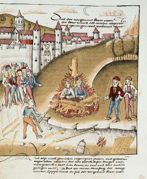 Middeleeuwse prent over de verbranding van 'sodomieten'
